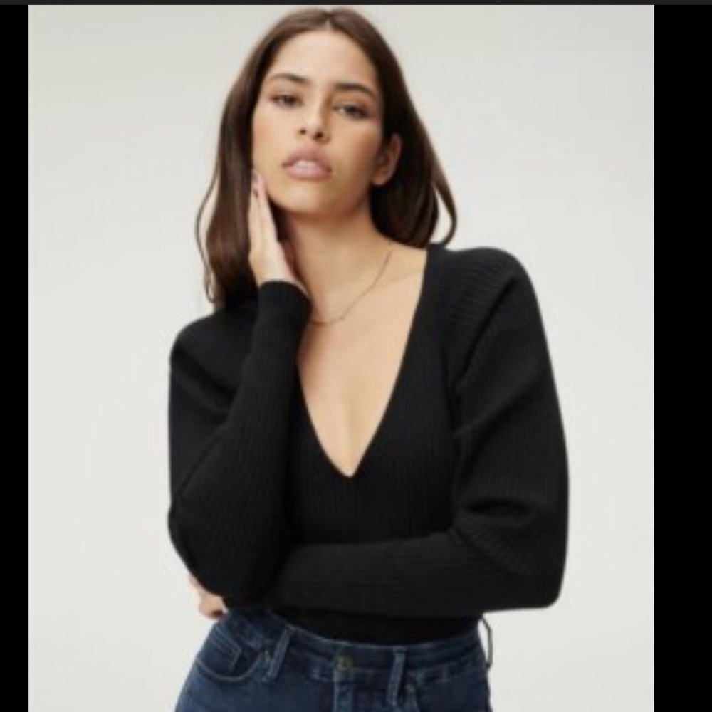Good American Black Ribbed Knit Top Bodysuit Size 0